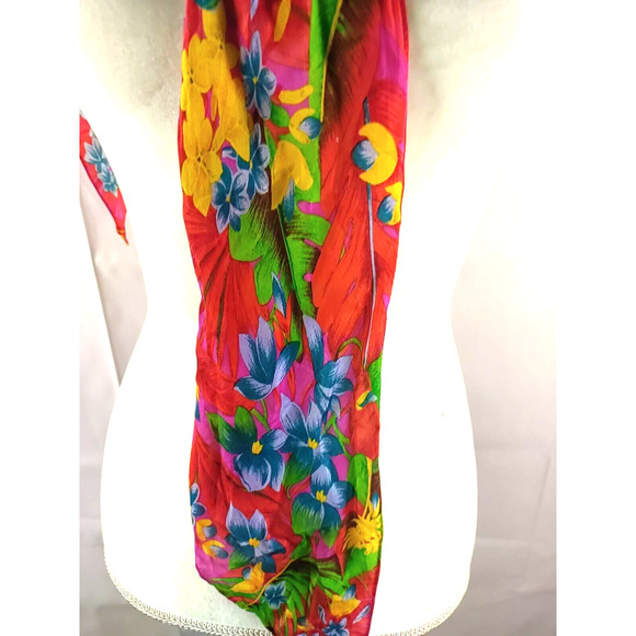 Scarf Rectangle Narrow Thin 66" X 6" Red Yellow Blue Hawaiian Floral - Picture 8 of 8